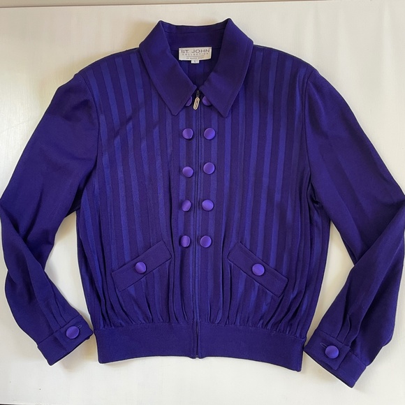 St John Santana Knit Jacket Women Royal Purple Y2K Large Old Money Preppy Logo - Picture 2 of 16